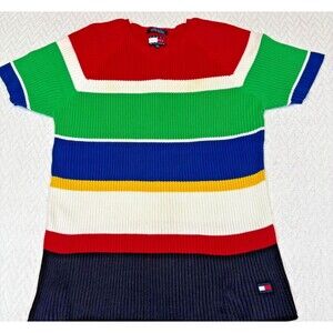 VTG Tommy Hilfiger Colorful Ribbed Cotton Knit Short Sleeve Sweater M Logo Flag